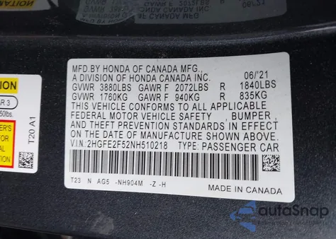 2022 Honda Civic Sport z USA, uszkodzony, nr VIN 2HGFE2F52NH510218